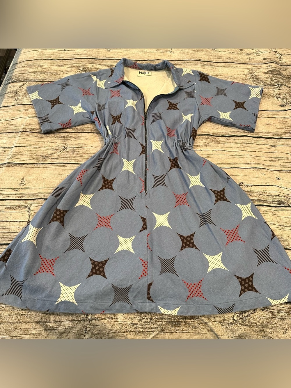Noble Utility Dress in Grey-Blue with Star-Print Zip Front; Organic Size Medium